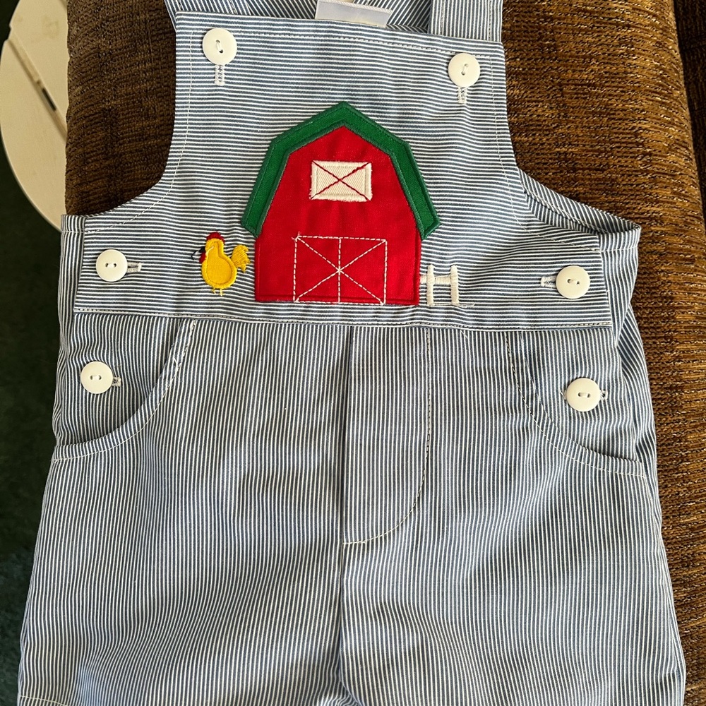 Striped Overalls with Barn and Chicken Design